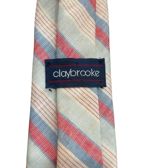 Claybrooke Mens Striped Red Blue and White Necktie 100% Silk - Picture 2 of 3
